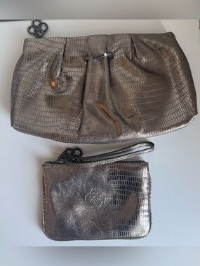 Stella & Dot Metallic Bronze Embossed Clutch + Matching Wristlet